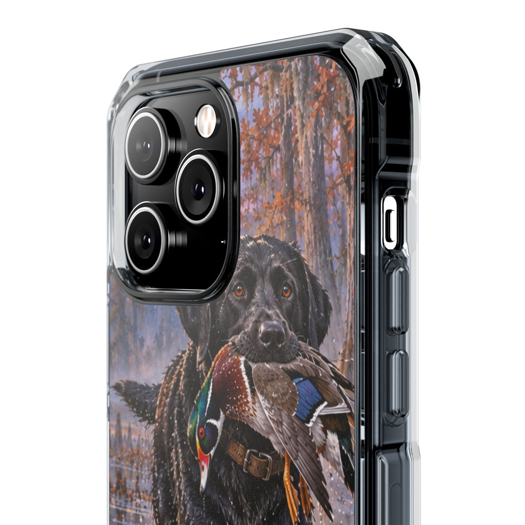 Clear Magnetic Phone Case — Black Lab with Duck swamp