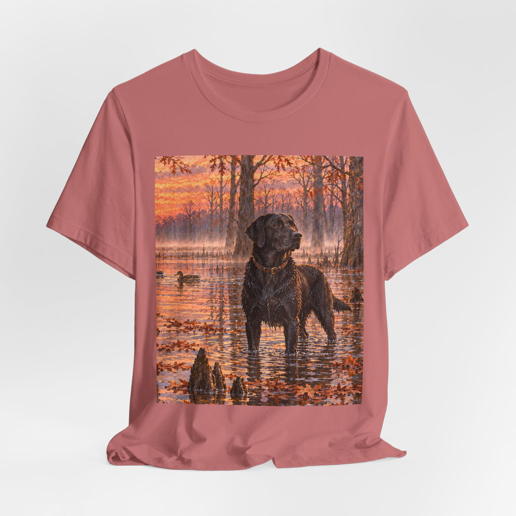 Sunset Bay Labrador Tee — Black Lab Dog Sunset Shirt