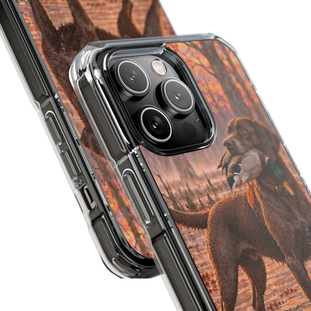 Clear Magnetic Phone Case — Chocolate Lab with Duck swamp