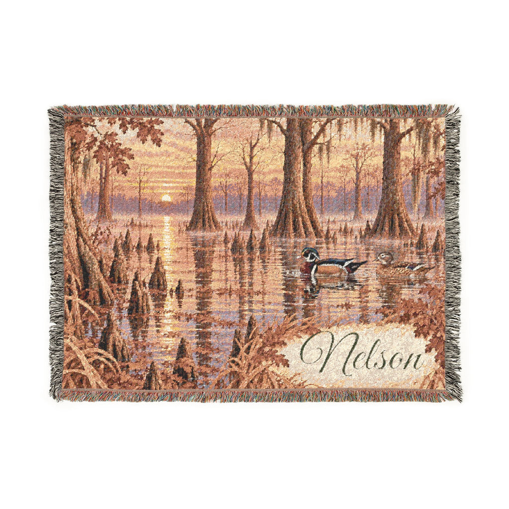 Autumn Lake Woven Blanket — Scenic Fall Landscape Throw