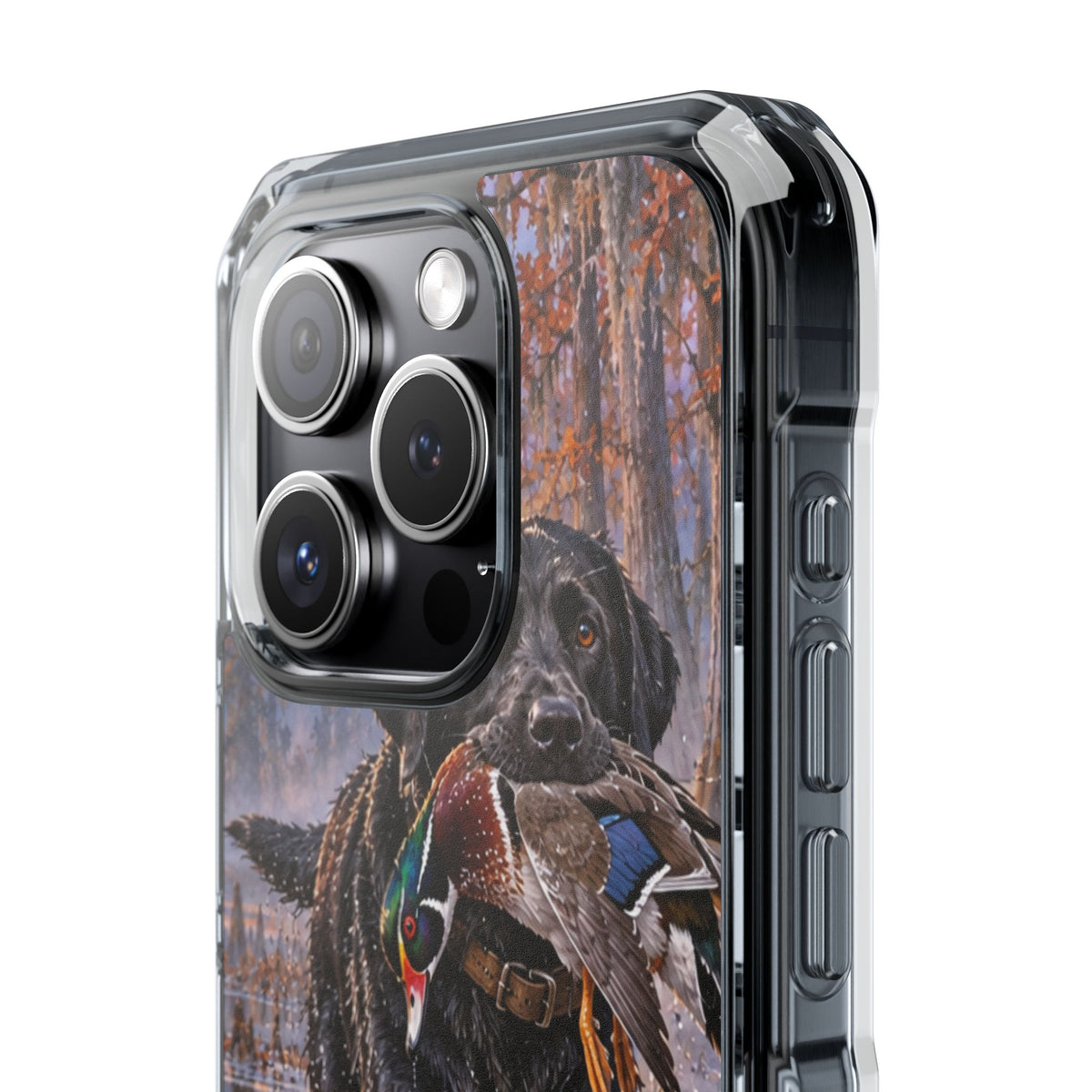 Clear Magnetic Phone Case — Black Lab with Duck swamp