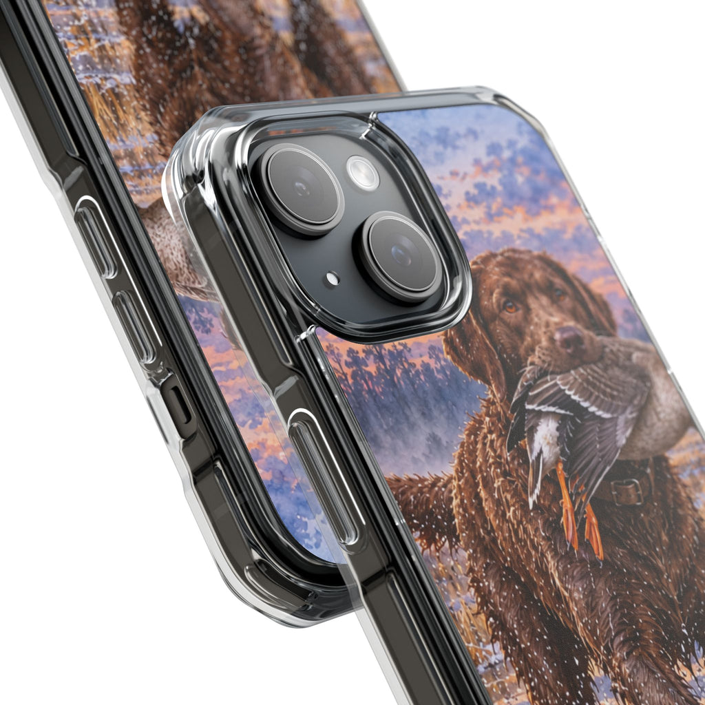 Clear Magnetic Phone Case — Chocolate Lab with Duck in swamp
