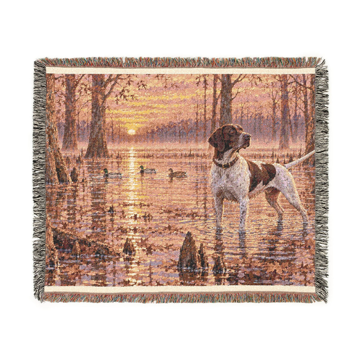 Mohican River Scenic Woven Blanket — Rustic Lake Bird Dog Pointer Landscape Throw