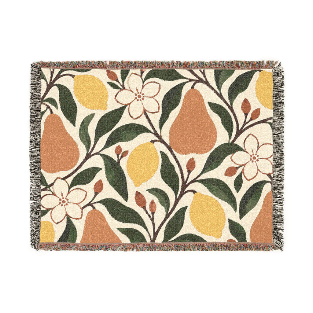 Pear & Blossom Woven Throw Blanket — Floral Fruit Pattern, Cozy Decorative Throw