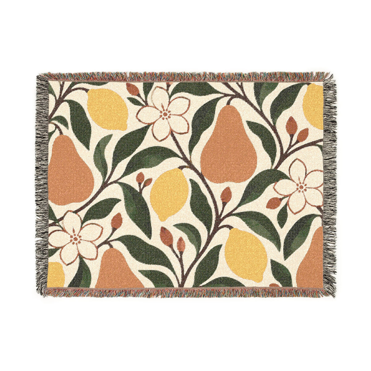Pear & Blossom Woven Throw Blanket — Floral Fruit Pattern, Cozy Decorative Throw