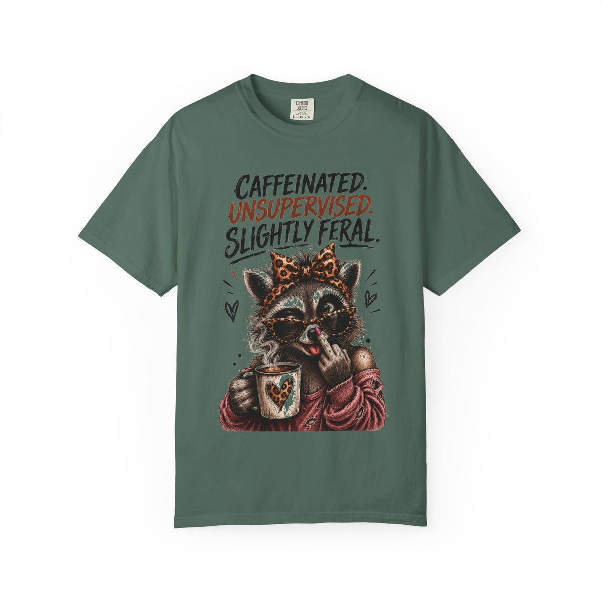 Caffeinated Slightly Feral Raccoon T-Shirt | Funny Coffee Graphic Tee