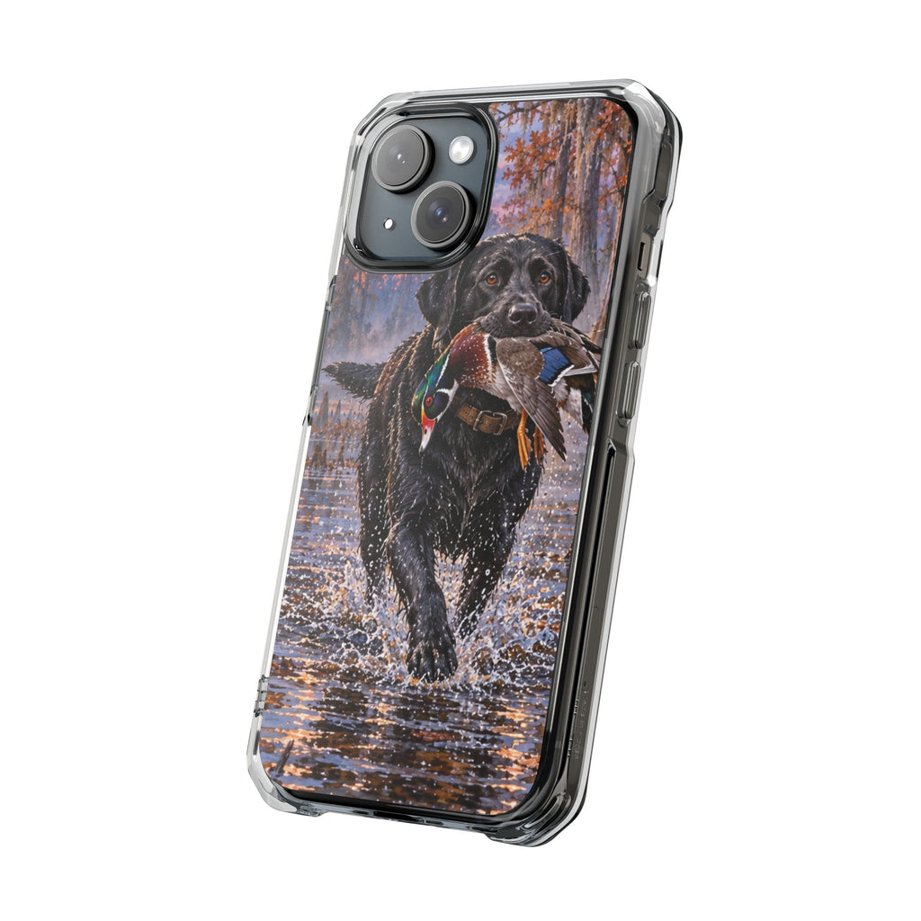 Clear Magnetic Phone Case — Black Lab with Duck swamp
