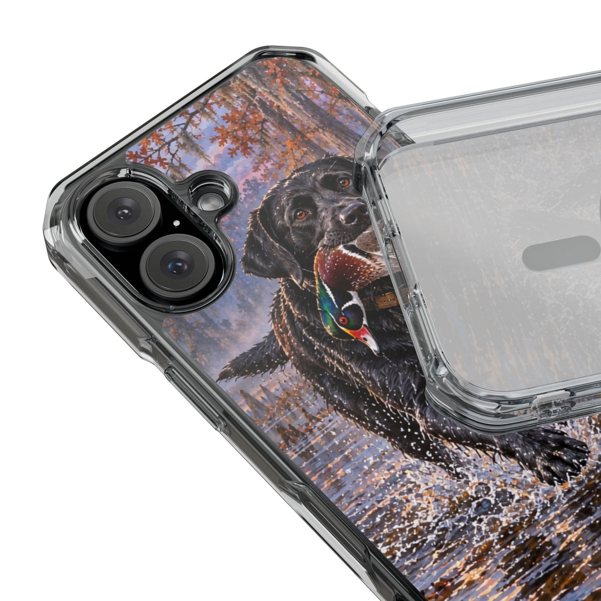 Clear Magnetic Phone Case — Black Lab with Duck swamp