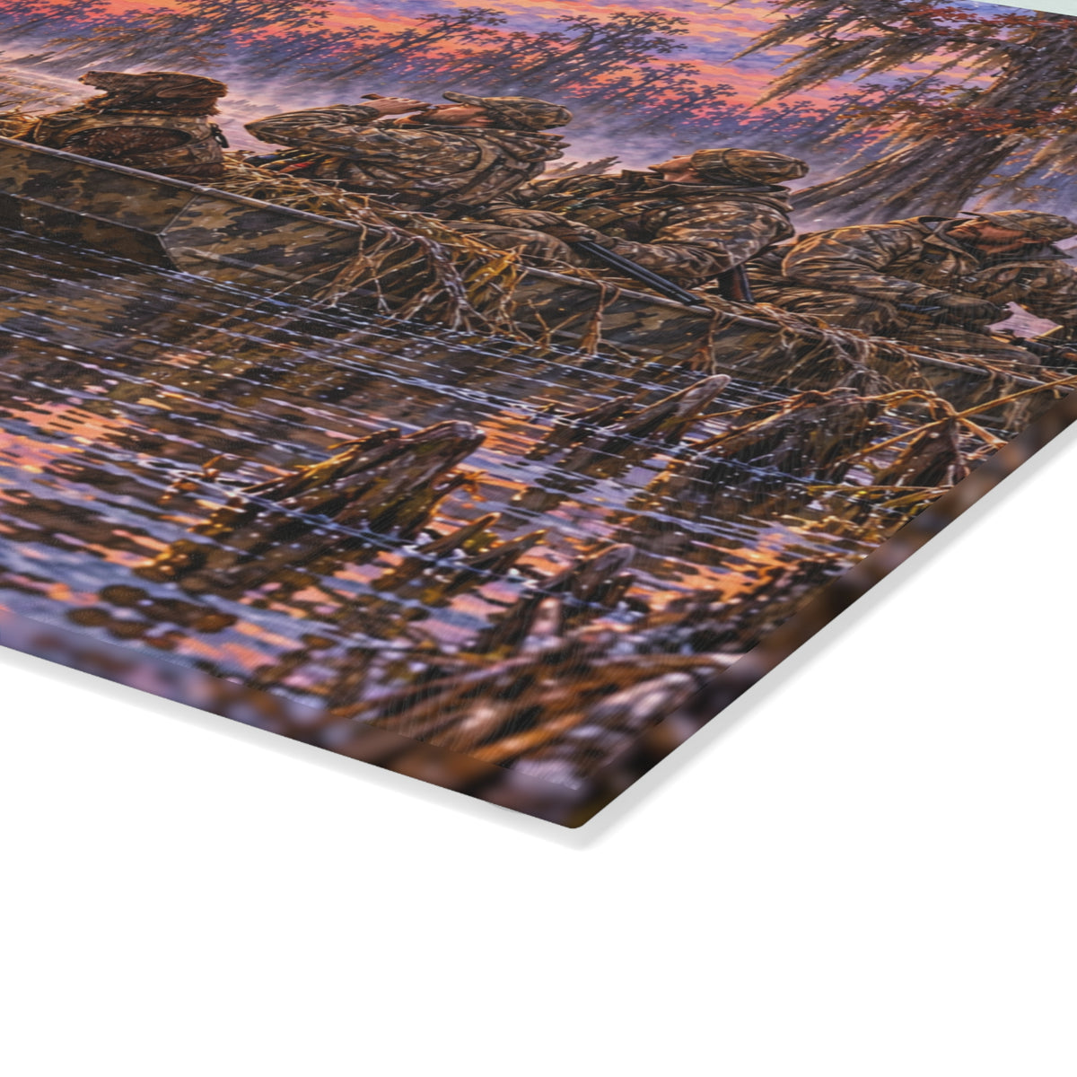 Glass Cutting Board — Sunrise Duck Hunt Scene | Rustic Wildlife Kitchen Decor