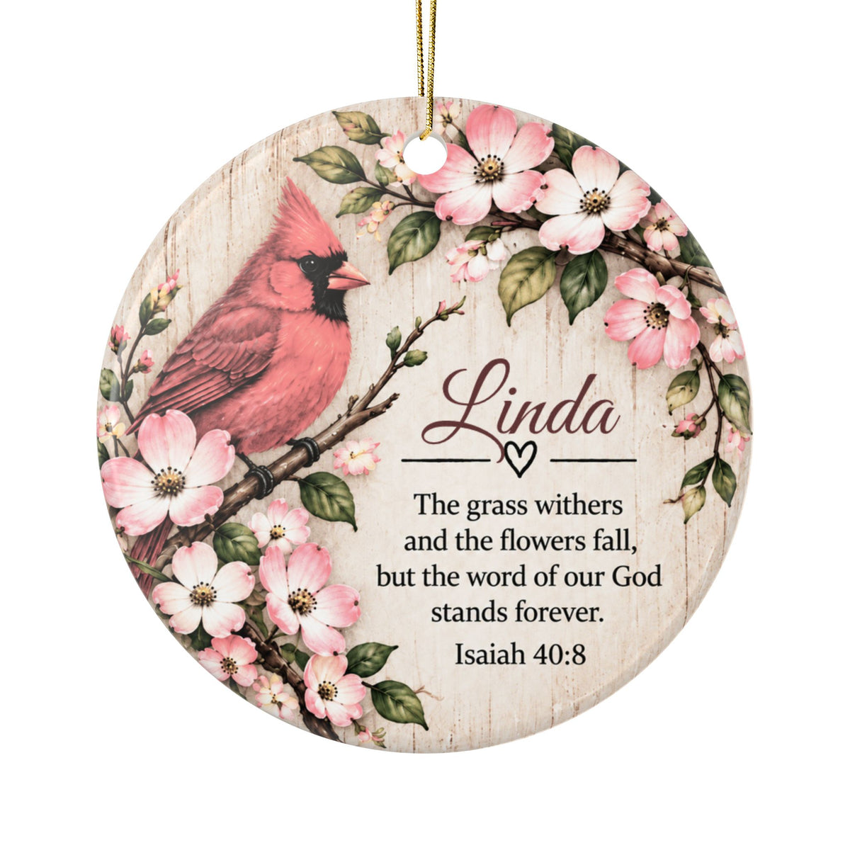 Personalized Cardinal Dogwood Ornament, Pink Floral Christmas Ornament, Isaiah 40:8 Christian Gift, Custom Name Memorial Keepsake