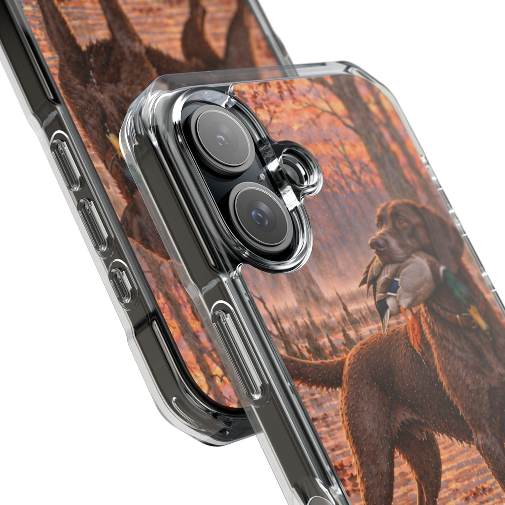 Clear Magnetic Phone Case — Chocolate Lab with Duck swamp