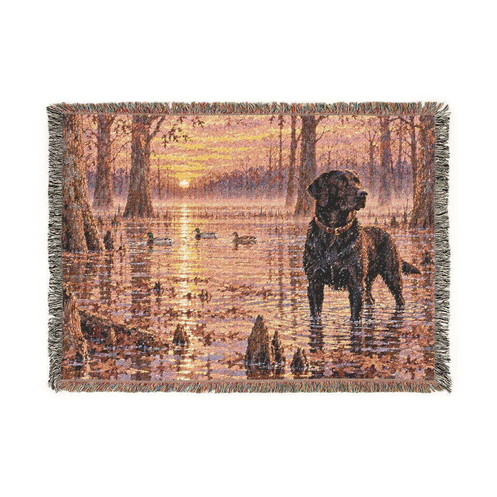 Labrador at Sunset Woven Blanket — Rustic Dog Lake Tapestry Throw