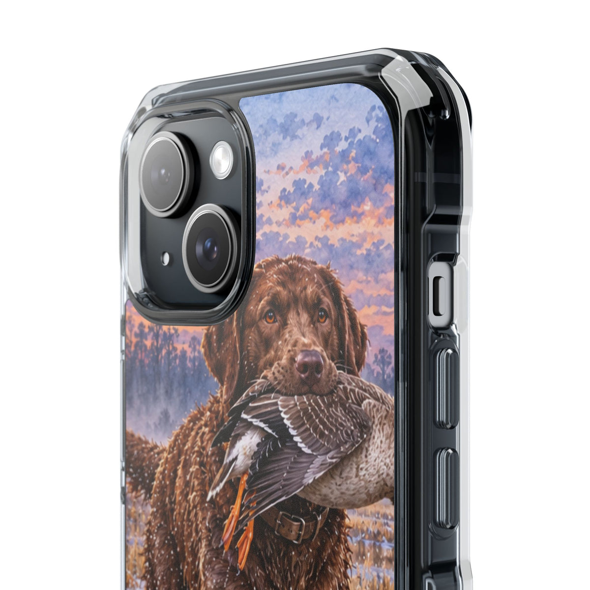 Clear Magnetic Phone Case — Chocolate Lab with Duck in swamp