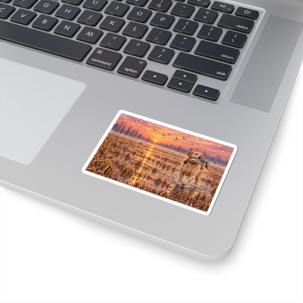 Retriever Duck Hunting Sticker — Golden Lab with Duck at Sunrise (Kiss-Cut)