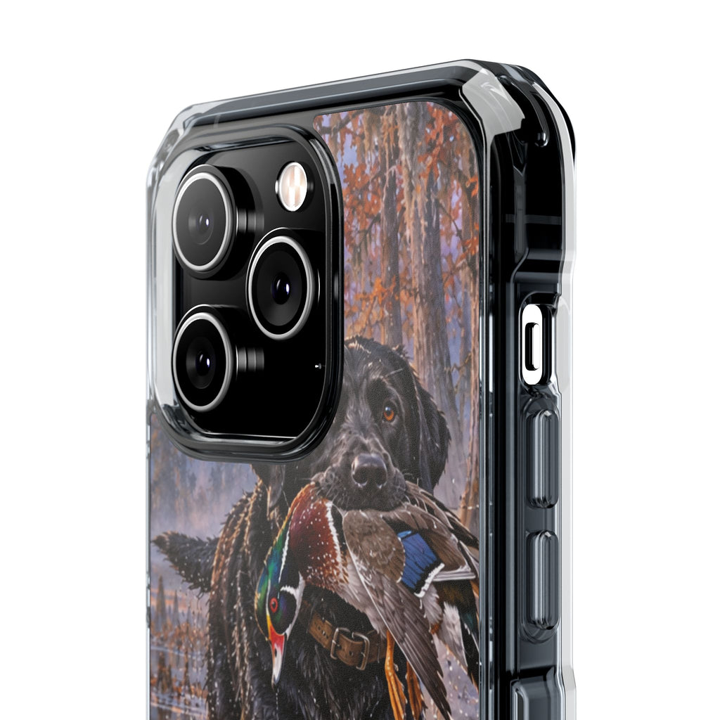Clear Magnetic Phone Case — Black Lab with Duck swamp