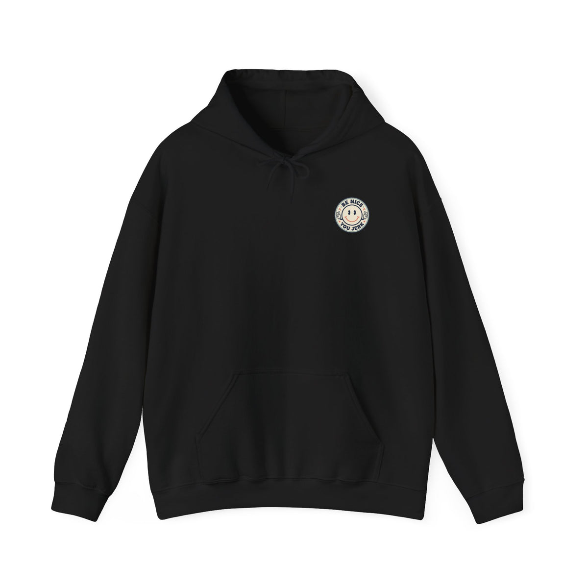 Be Nice You Jerk smiley patch Hoodie | sarcastic slogan, vintage-inspired
