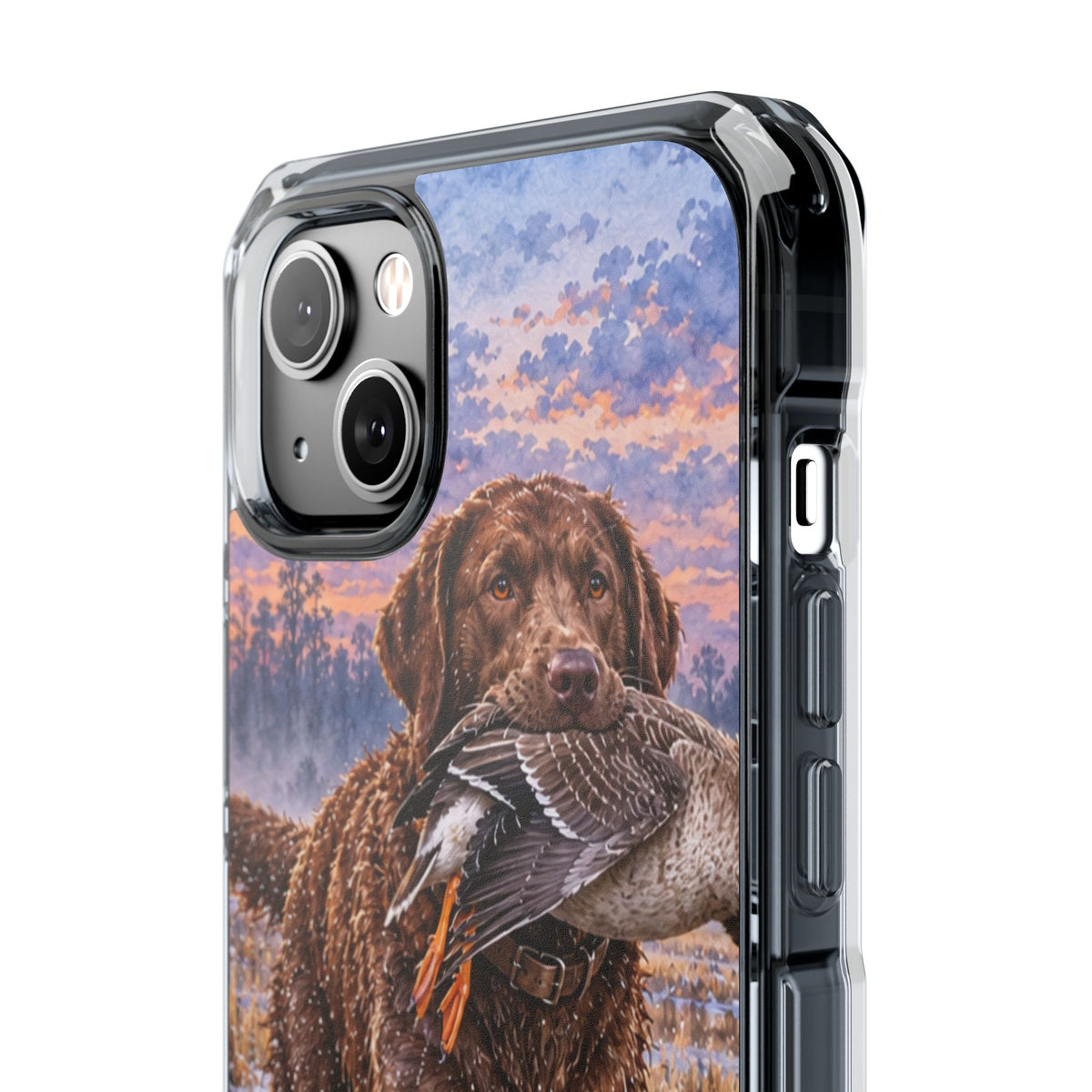 Clear Magnetic Phone Case — Chocolate Lab with Duck in swamp