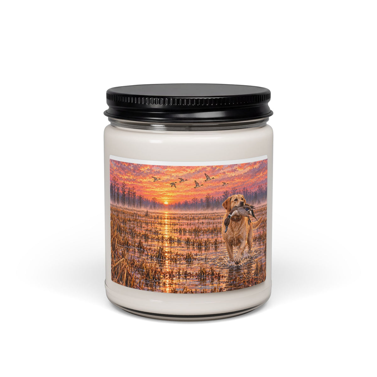 Marshland Retriever Soy Candle — 9oz Scented Jar (Sunset Duck Hunt Scene)