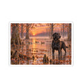 Black Lab in Cypress Swamp Sticker — Sunset Hunting Dog Kiss-Cut Decal