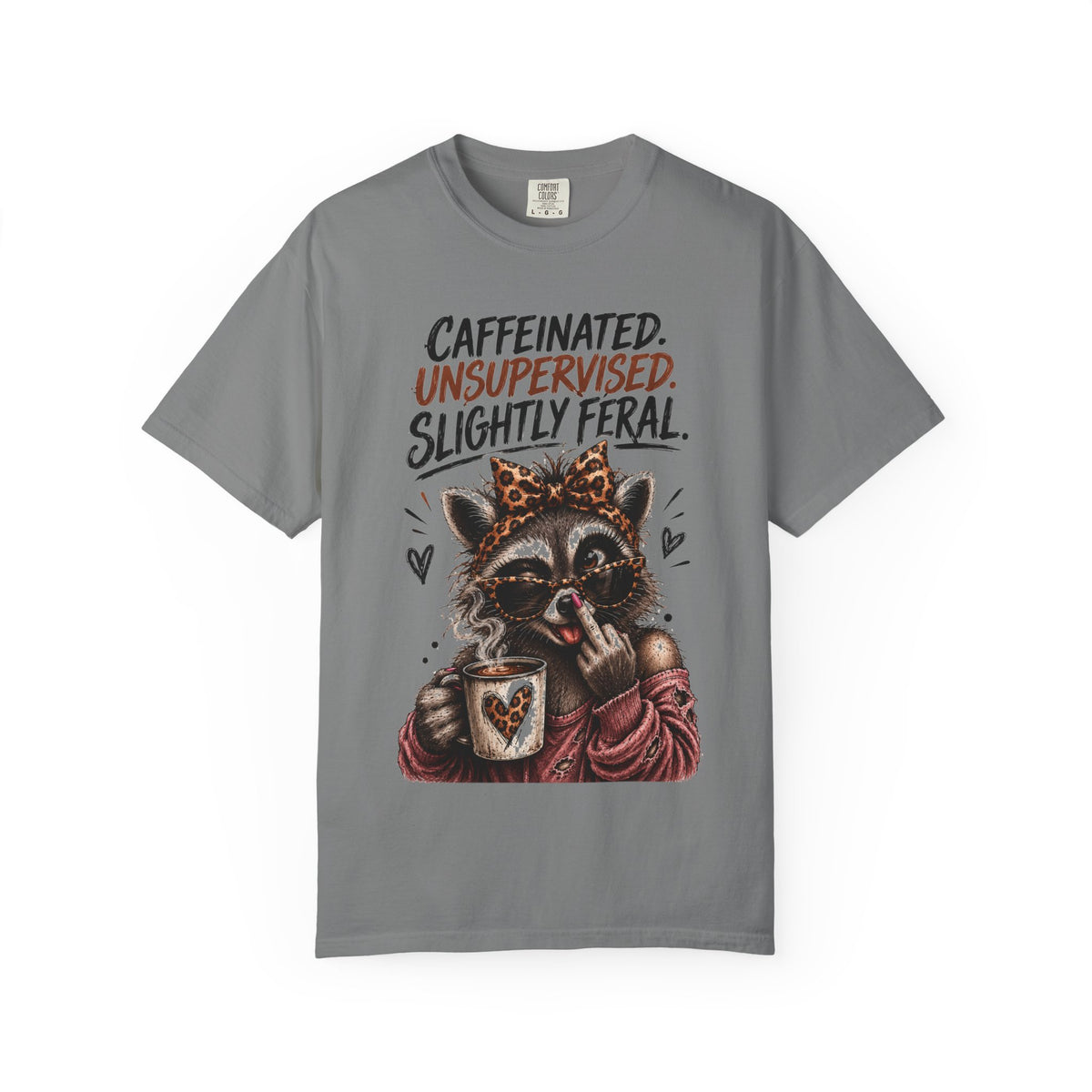Caffeinated Slightly Feral Raccoon T-Shirt | Funny Coffee Graphic Tee