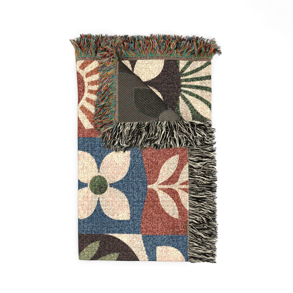 Boho Geometric Woven Blanket — Retro Floral Tile Throw