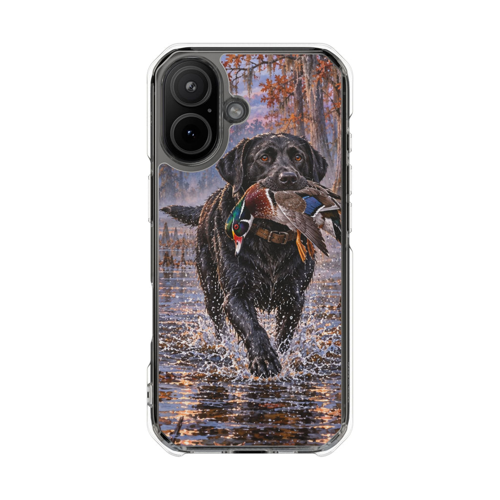 Clear Magnetic Phone Case — Black Lab with Duck swamp
