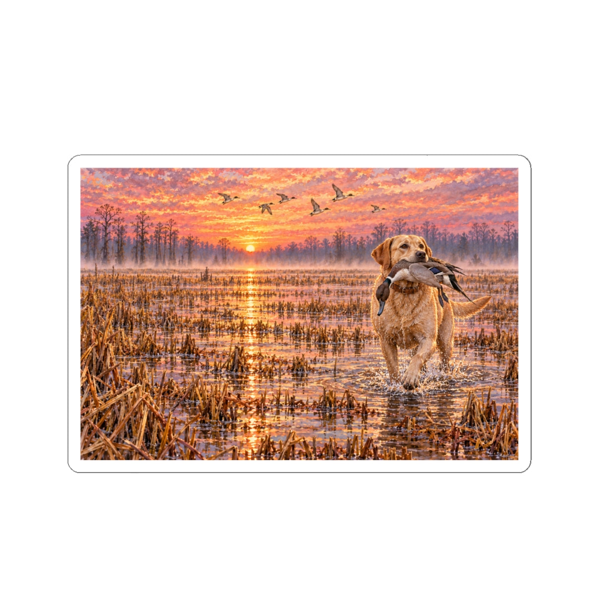 Retriever Duck Hunting Sticker — Golden Lab with Duck at Sunrise (Kiss-Cut)