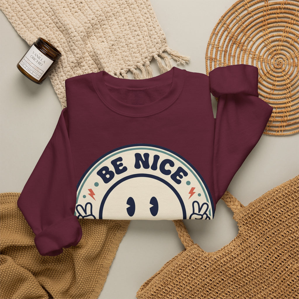 Be Nice You Jerk Smile Patch Crewneck Sweatshirt | Slogan Graphic, Retro Badge