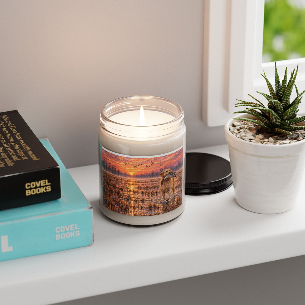 Marshland Retriever Soy Candle — 9oz Scented Jar (Sunset Duck Hunt Scene)