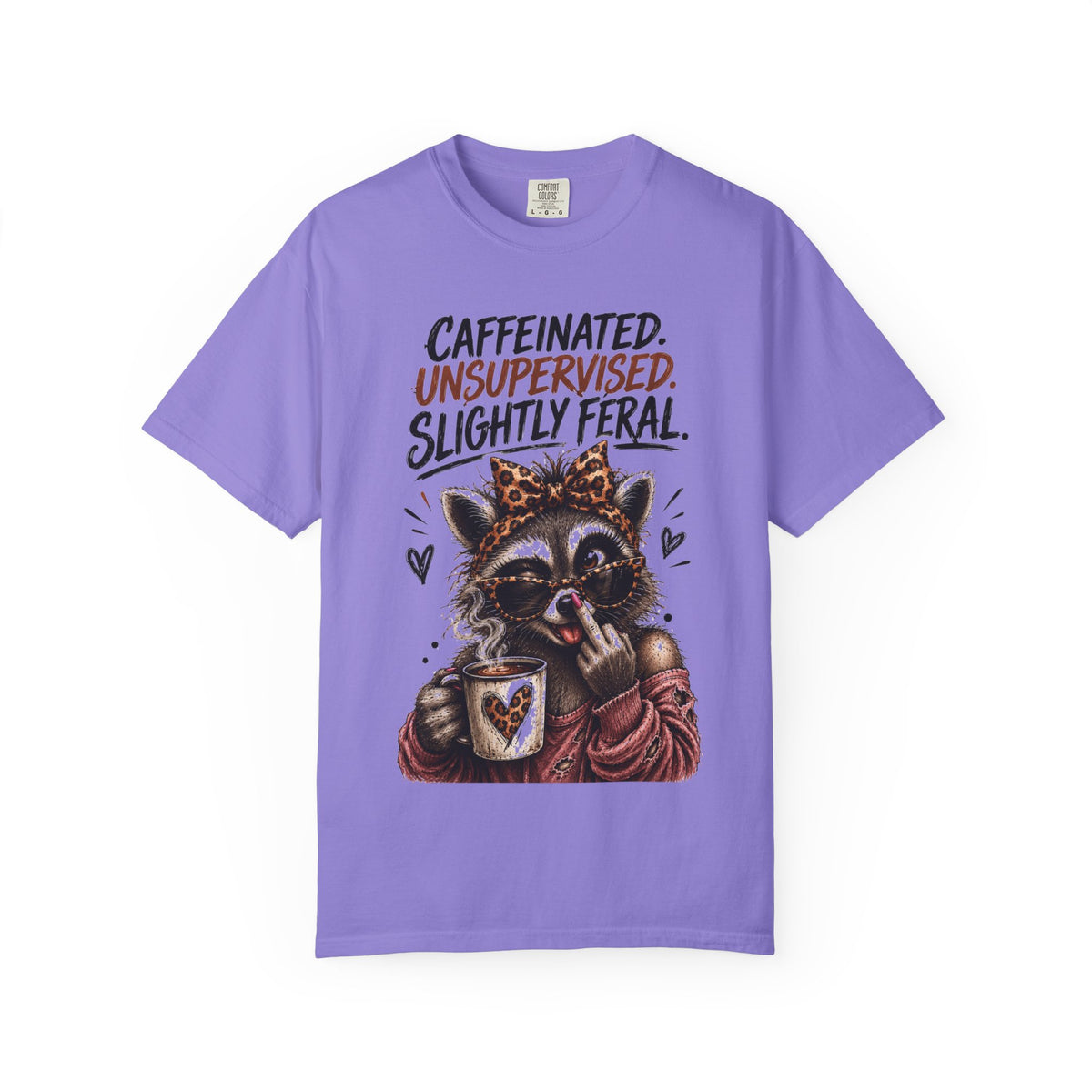 Caffeinated Slightly Feral Raccoon T-Shirt | Funny Coffee Graphic Tee