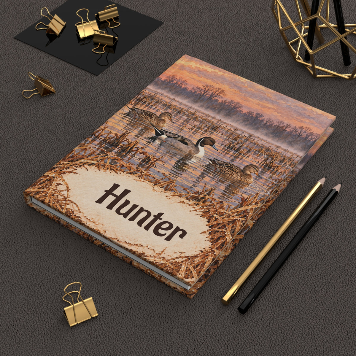 Duck Hunting Journal – Personalized Hardcover Lined Notebook (Sunrise Marsh, "Hunter")