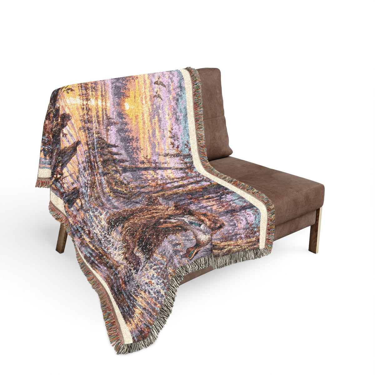 Mohican River Scenic Woven Blanket — Rustic Lake Boykin spaniel Landscape Throw