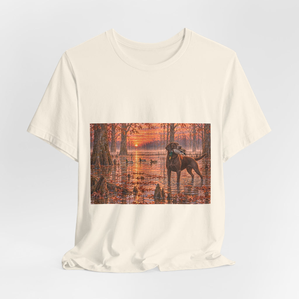 Sunset Bay Retriever T-Shirt — Dog Lover Sunset Woodland Tee