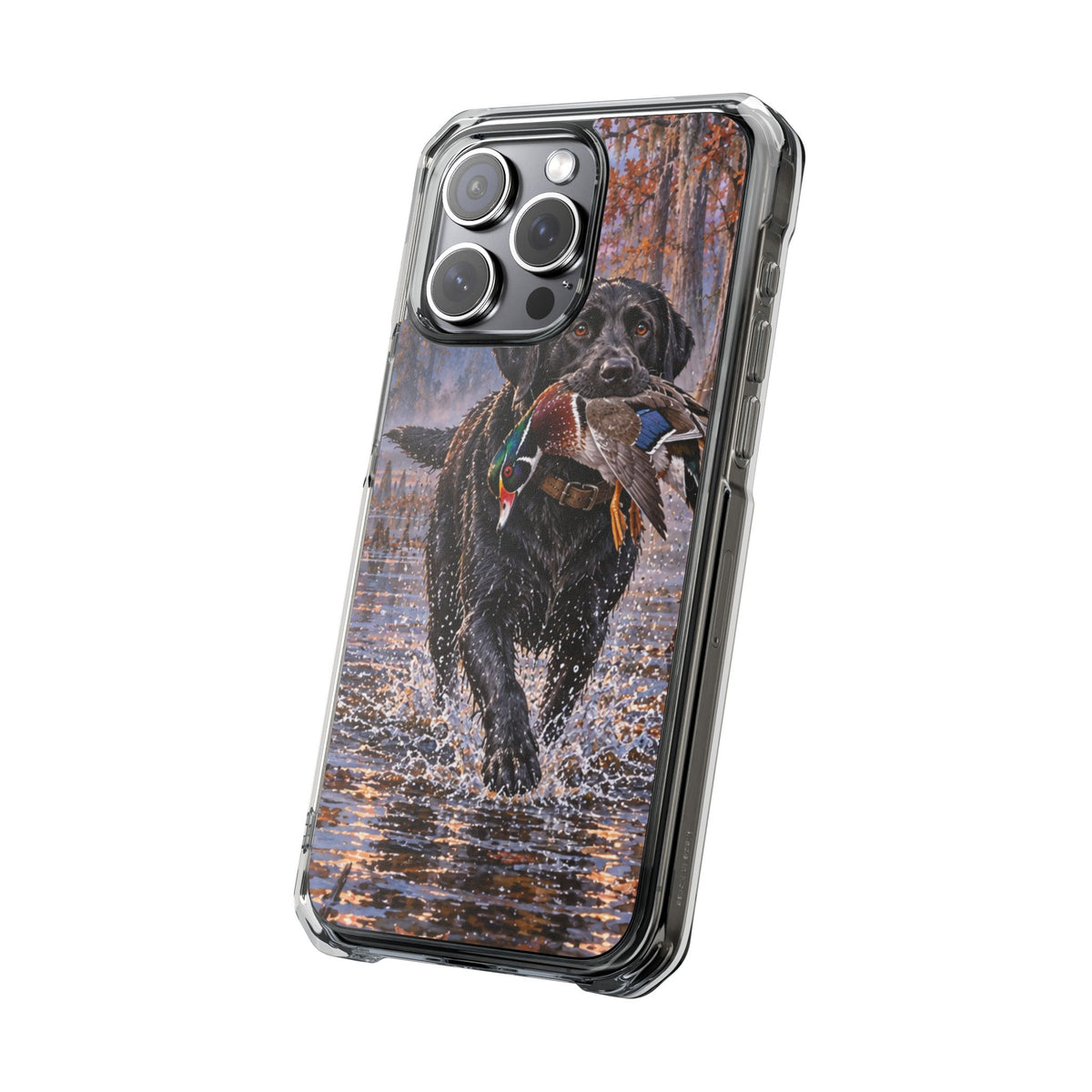 Clear Magnetic Phone Case — Black Lab with Duck swamp