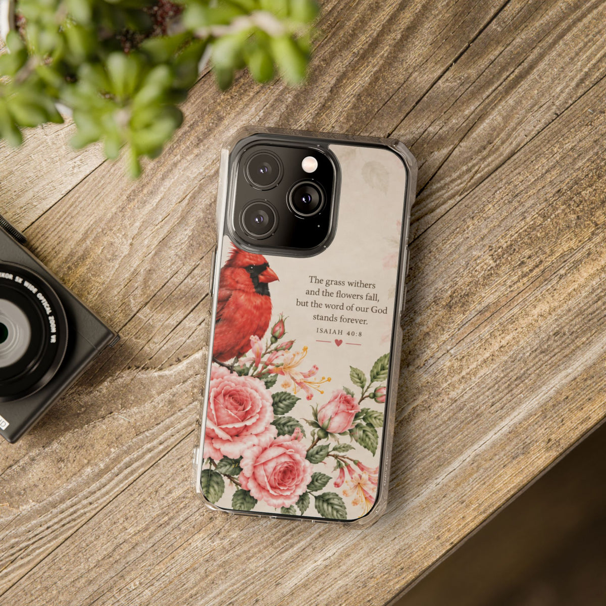 Clear Magnetic Phone Case — Cardinal Scene Isiah 40:8