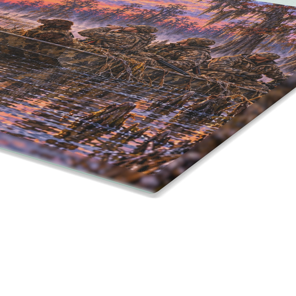 Glass Cutting Board — Sunrise Duck Hunt Scene | Rustic Wildlife Kitchen Decor