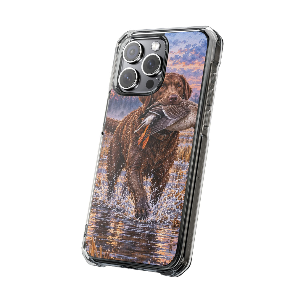 Clear Magnetic Phone Case — Chocolate Lab with Duck in swamp