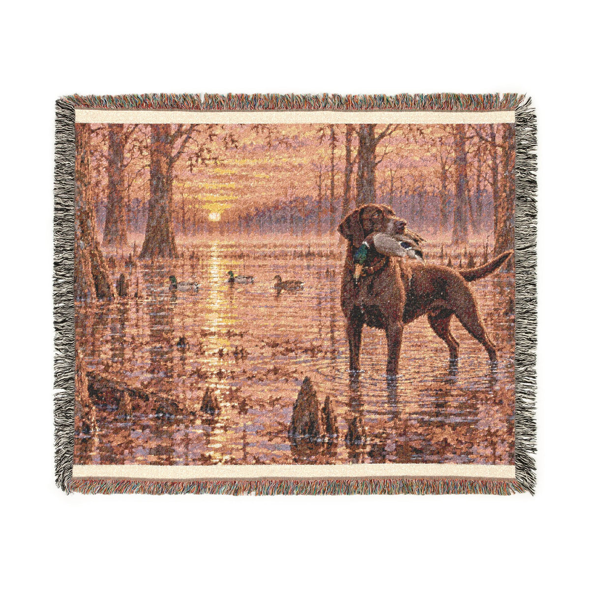 Sunset Wetlands Woven Blanket — Chocolate Lab with Duck Marsh Landscape Throw