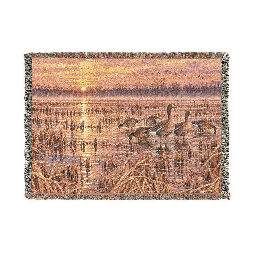 Sunset Wetlands Woven Blanket — Goose & Marsh Landscape Throw