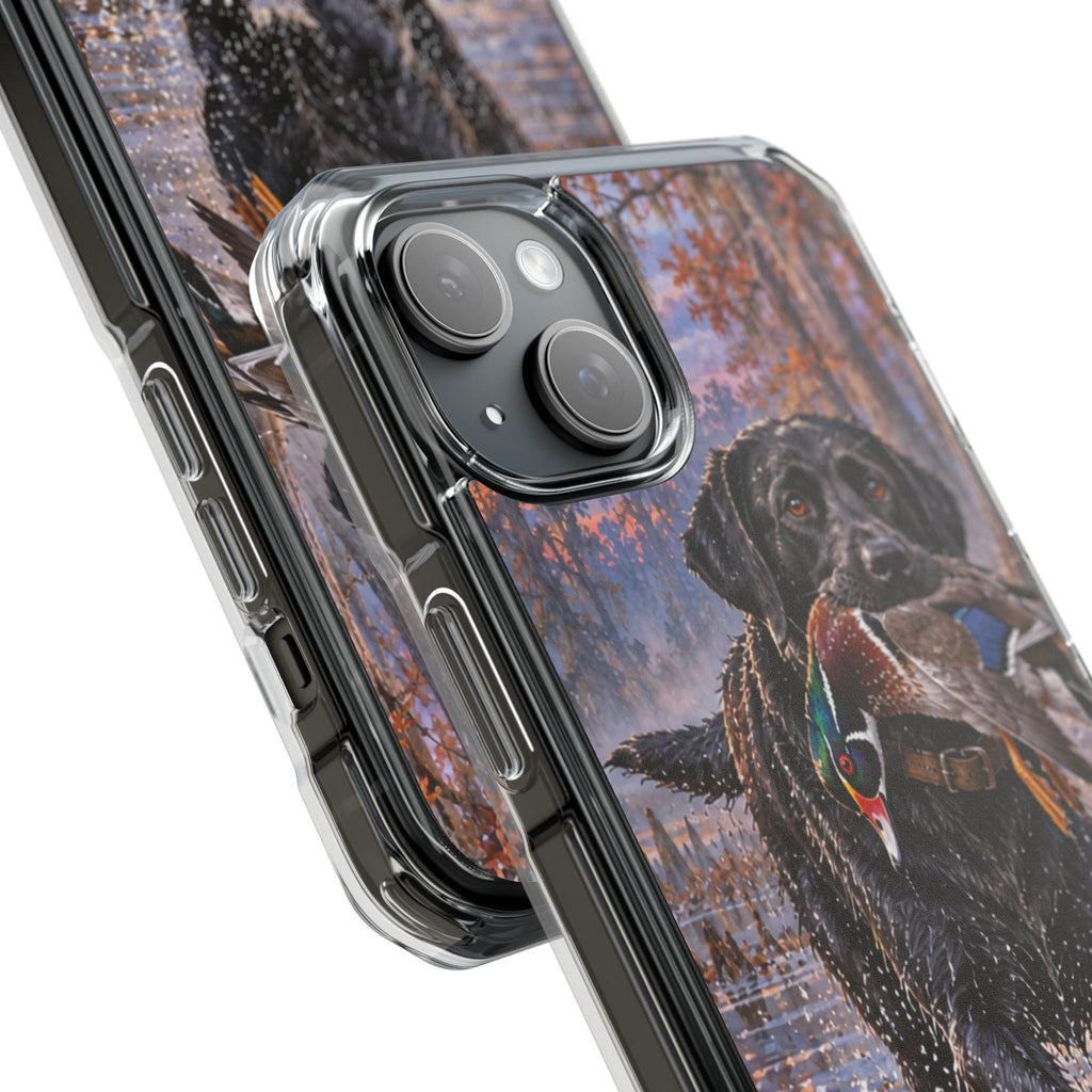 Clear Magnetic Phone Case — Black Lab with Duck swamp