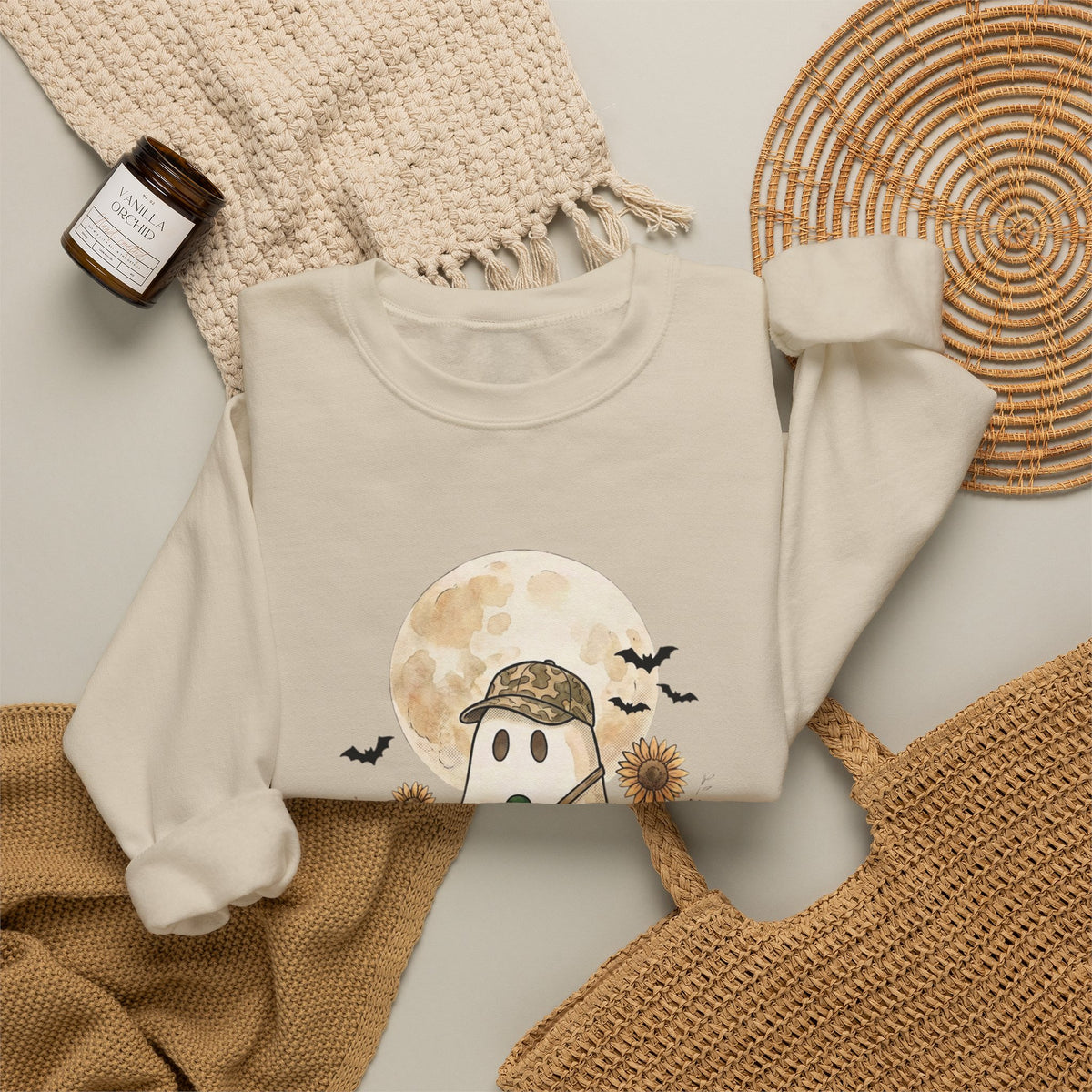 Ghost Hunter Illustration Sweatshirt | Spooky Hunting, Autumn Pumpkin Moon