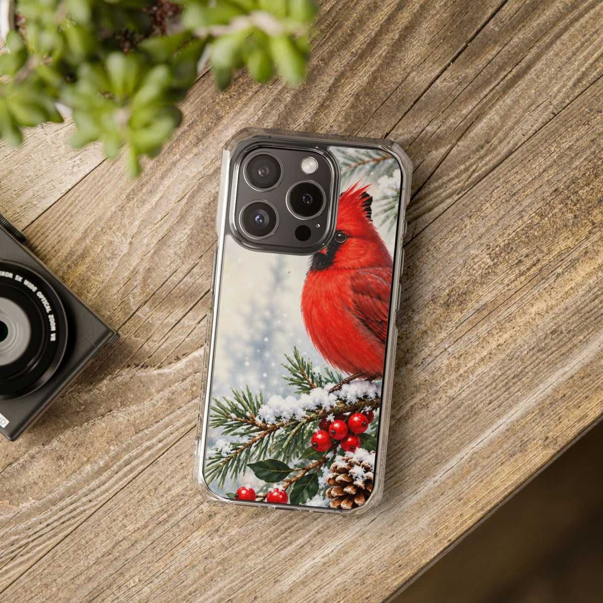 Clear Magnetic Phone Case — Winter Cardinal Scene