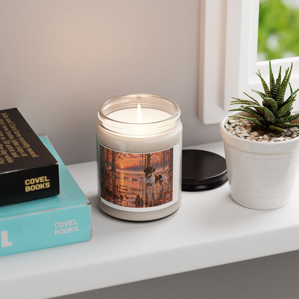 Autumn Duck Hunt Soy Candle — 9oz Scented Jar with Pointer Dog Lakeside Scene