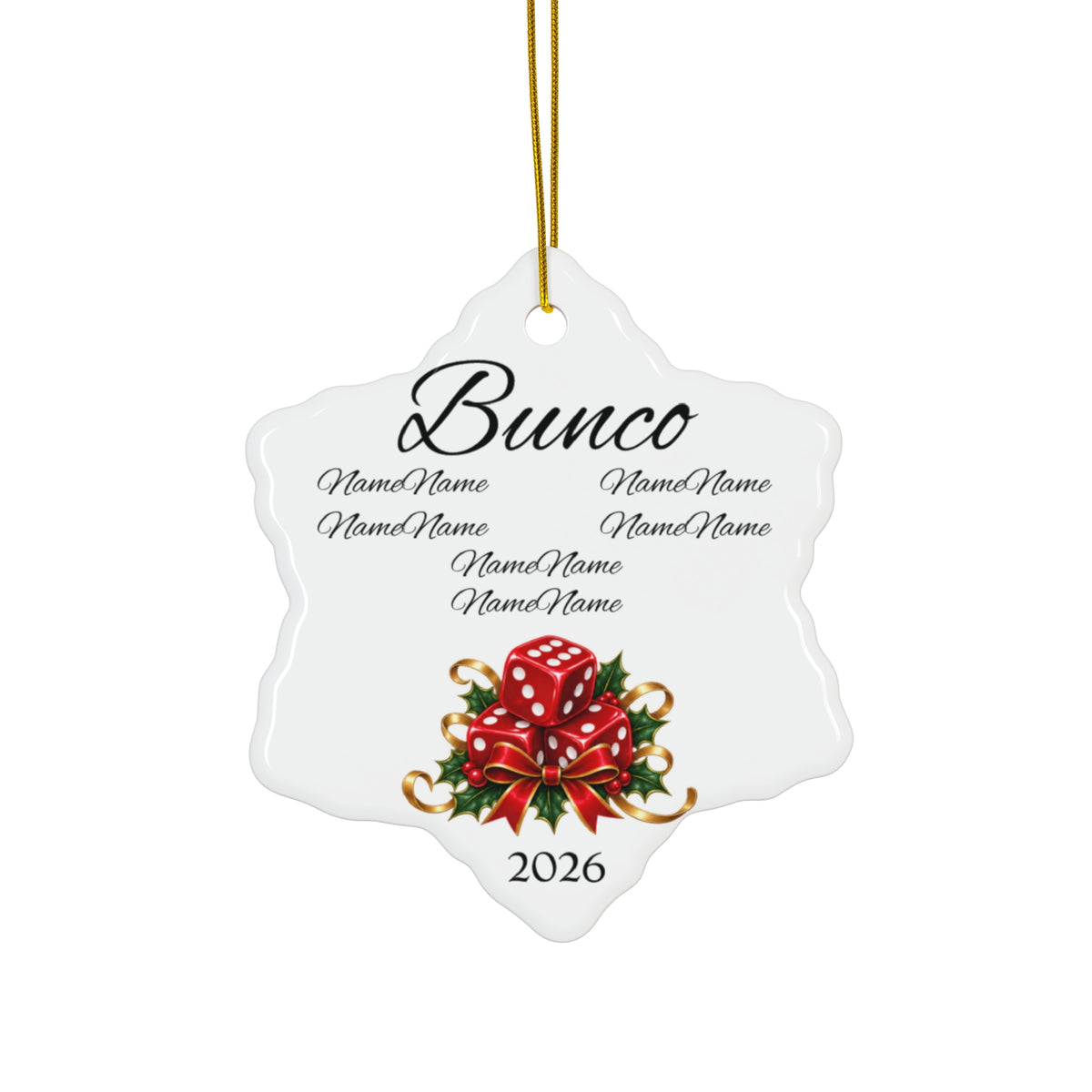 Personalized Bunco Team Snowflake Ornament, Custom Names and Year, Bunco Group Christmas Gift, Dice Game Club Keepsake, Ceramic Ornament