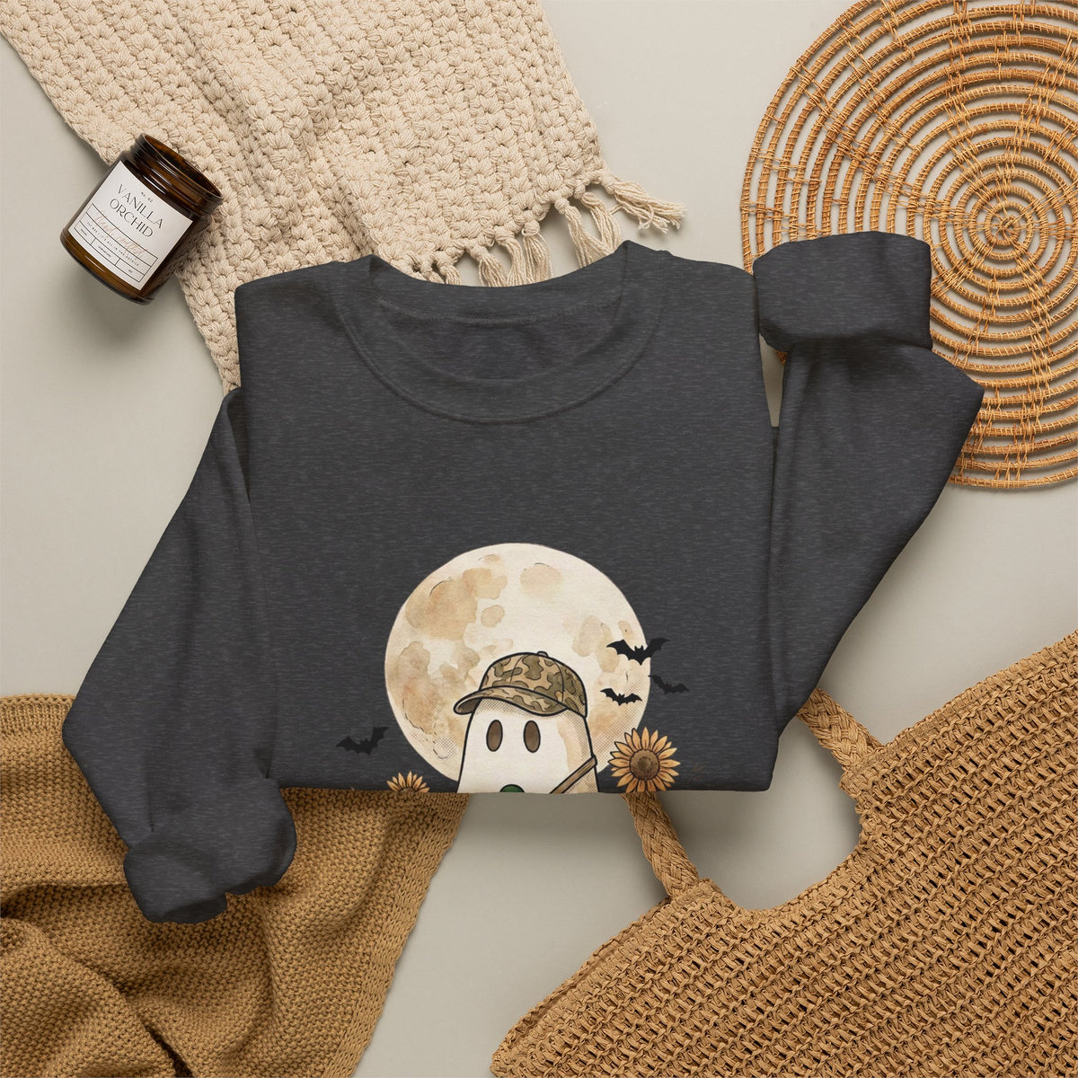 Ghost Hunter Illustration Sweatshirt | Spooky Hunting, Autumn Pumpkin Moon