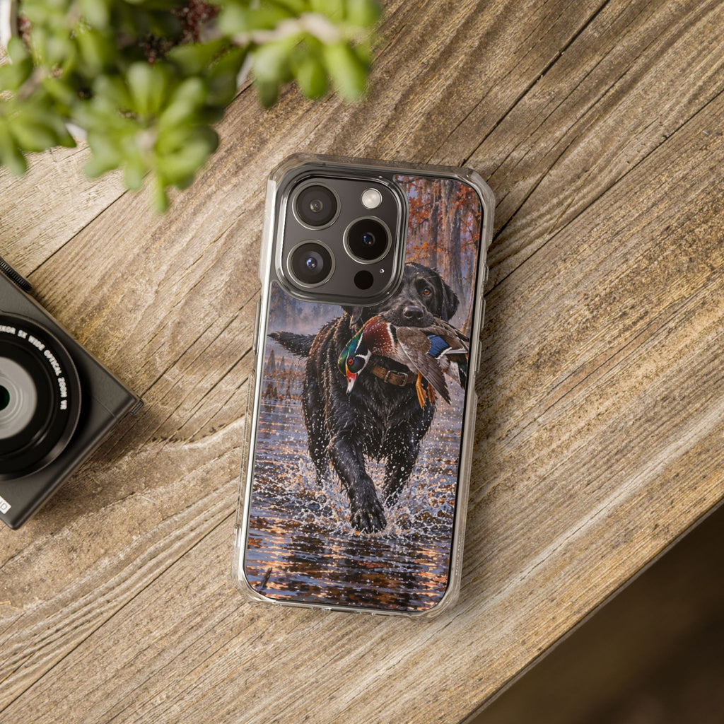 Clear Magnetic Phone Case — Black Lab with Duck swamp