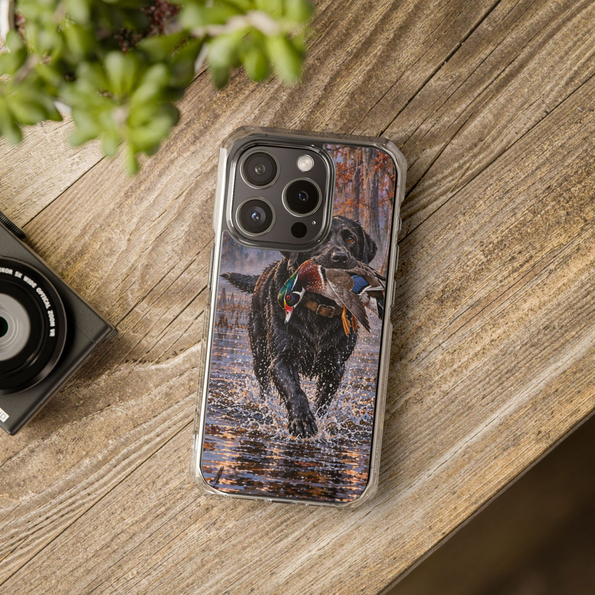 Clear Magnetic Phone Case — Black Lab with Duck swamp