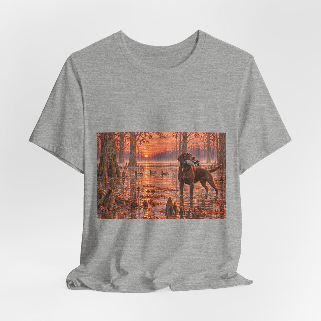 Sunset Bay Retriever T-Shirt — Dog Lover Sunset Woodland Tee