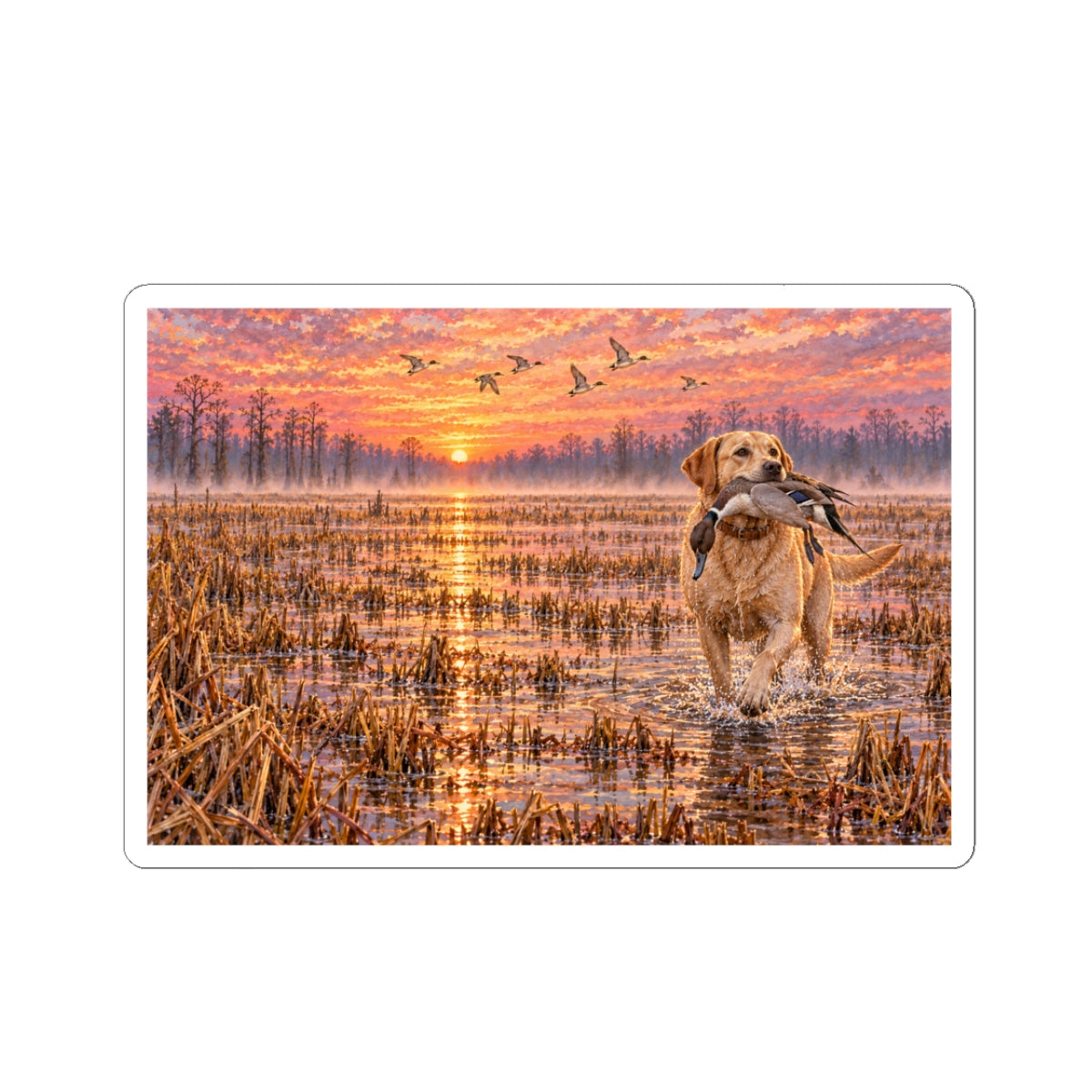Retriever Duck Hunting Sticker — Golden Lab with Duck at Sunrise (Kiss-Cut)