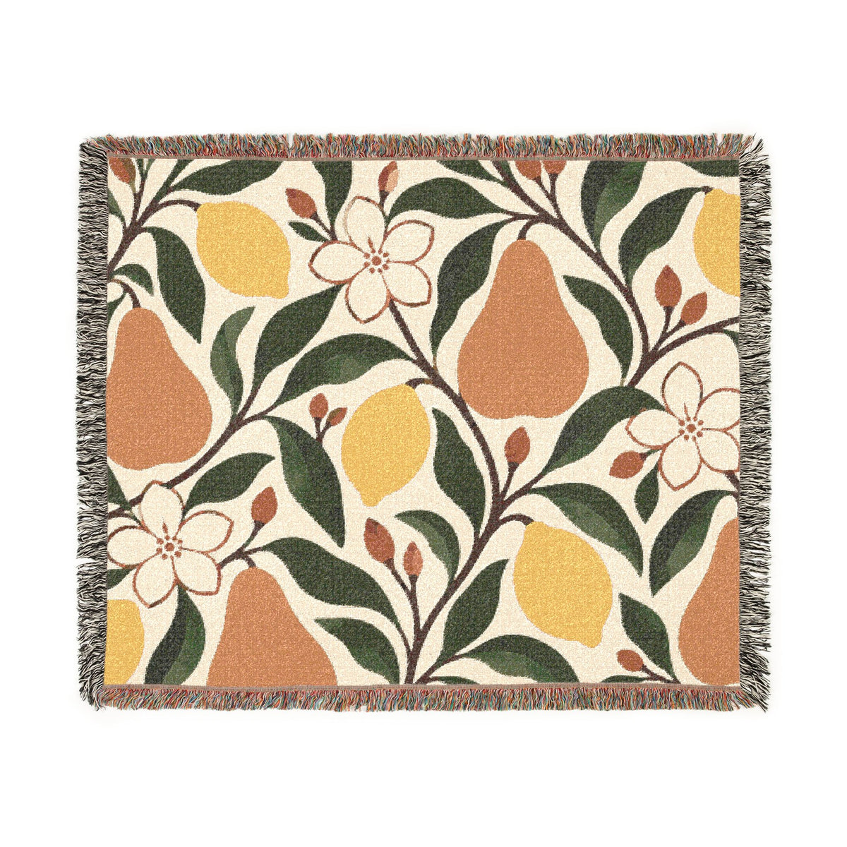 Pear & Blossom Woven Throw Blanket — Floral Fruit Pattern, Cozy Decorative Throw